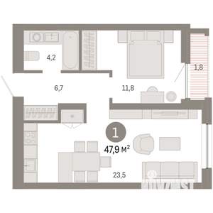1-к квартира, вторичка, 48м2, 15/16 этаж