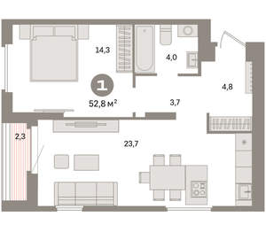 1-к квартира, вторичка, 53м2, 12/16 этаж