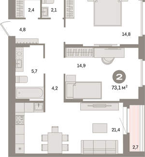 2-к квартира, вторичка, 73м2, 7/16 этаж