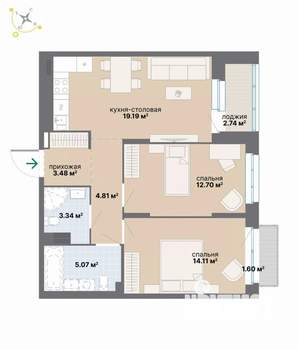 2-к квартира, вторичка, 67м2, 3/9 этаж