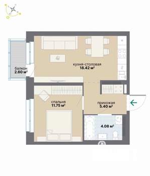 1-к квартира, вторичка, 42м2, 7/9 этаж