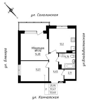 2-к квартира, вторичка, 53м2, 15/25 этаж