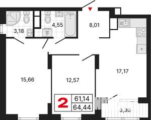 2-к квартира, вторичка, 64м2, 26/31 этаж