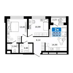 2-к квартира, строящийся дом, 57м2, 2/25 этаж