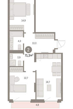 2-к квартира, вторичка, 71м2, 8/9 этаж