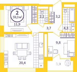 2-к квартира, сданный дом, 57м2, 12/22 этаж