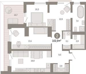 2-к квартира, вторичка, 103м2, 7/8 этаж