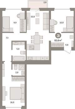 3-к квартира, вторичка, 84м2, 4/9 этаж