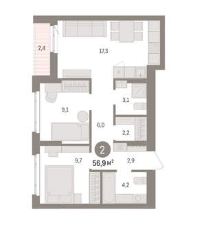 2-к квартира, вторичка, 57м2, 2/16 этаж