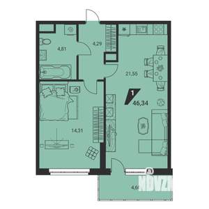 1-к квартира, вторичка, 46м2, 21/25 этаж