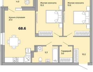 2-к квартира, сданный дом, 69м2, 7/15 этаж