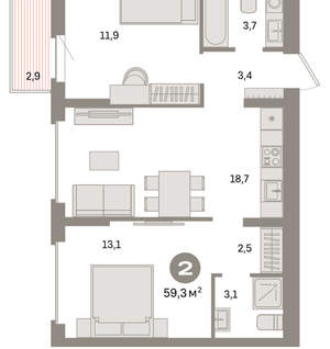 2-к квартира, вторичка, 59м2, 7/9 этаж