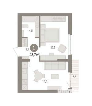 1-к квартира, вторичка, 44м2, 4/7 этаж