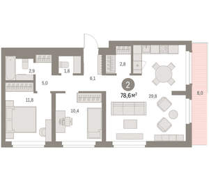 2-к квартира, вторичка, 79м2, 8/9 этаж
