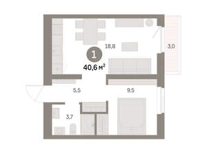 1-к квартира, вторичка, 41м2, 4/9 этаж