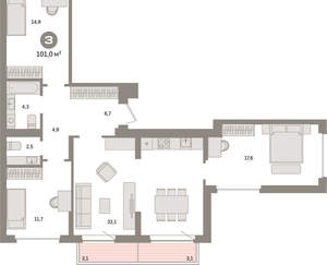 3-к квартира, вторичка, 101м2, 9/9 этаж