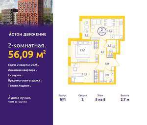 2-к квартира, вторичка, 56м2, 5/12 этаж