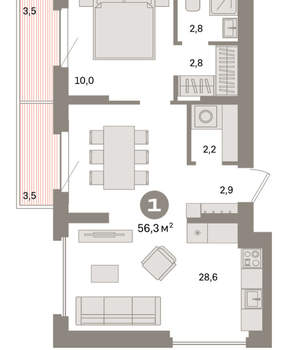 1-к квартира, вторичка, 56м2, 9/16 этаж