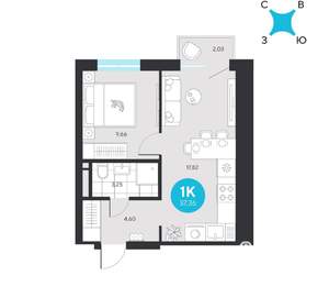 1-к квартира, вторичка, 37м2, 13/22 этаж
