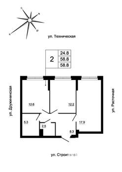 2-к квартира, вторичка, 57м2, 1/19 этаж