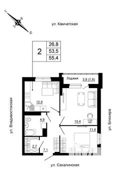 2-к квартира, вторичка, 55м2, 22/24 этаж