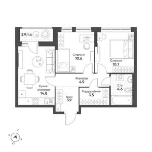 2-к квартира, строящийся дом, 55м2, 10/15 этаж