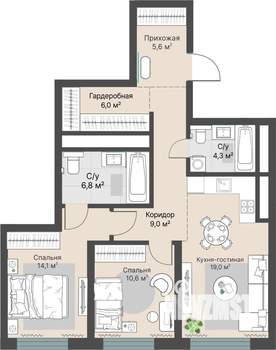 2-к квартира, строящийся дом, 75м2, 10/29 этаж