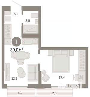 1-к квартира, вторичка, 39м2, 10/16 этаж