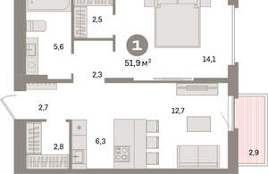 1-к квартира, вторичка, 52м2, 11/16 этаж