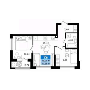 2-к квартира, строящийся дом, 50м2, 23/27 этаж