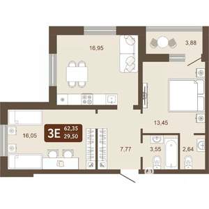 3-к квартира, вторичка, 62м2, 23/24 этаж