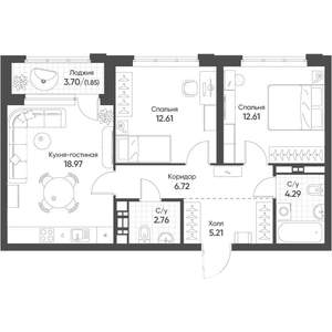 2-к квартира, строящийся дом, 65м2, 13/16 этаж