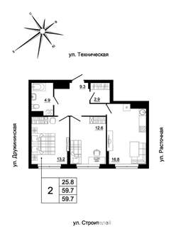 2-к квартира, вторичка, 58м2, 18/19 этаж