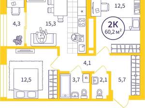 2-к квартира, вторичка, 58м2, 23/32 этаж