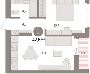 1-к квартира, вторичка, 43м2, 8/16 этаж