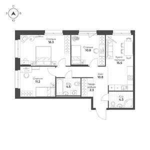 3-к квартира, вторичка, 76м2, 2/16 этаж