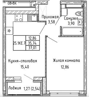 1-к квартира, вторичка, 37м2, 25/28 этаж