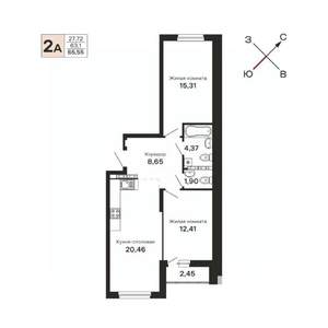 2-к квартира, строящийся дом, 66м2, 16/21 этаж