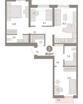 3-к квартира, вторичка, 81м2, 4/9 этаж