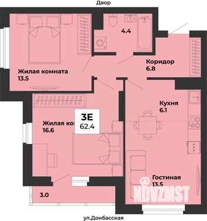 3-к квартира, строящийся дом, 62м2, 2/25 этаж