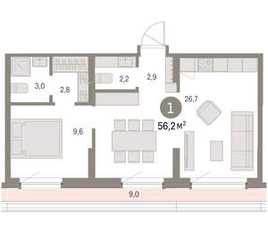 1-к квартира, вторичка, 56м2, 7/9 этаж