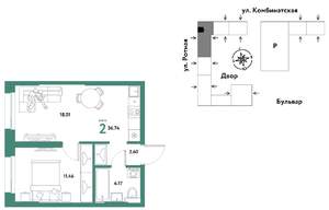 2-к квартира, строящийся дом, 37м2, 3/21 этаж