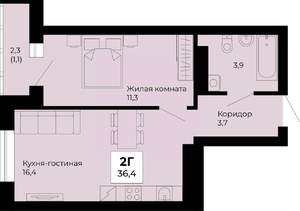 1-к квартира, строящийся дом, 36м2, 22/25 этаж