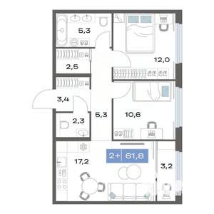 2-к квартира, строящийся дом, 62м2, 11/17 этаж
