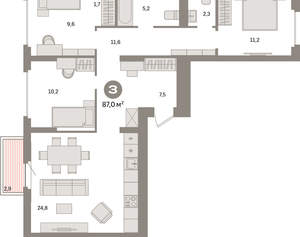 3-к квартира, вторичка, 87м2, 7/9 этаж