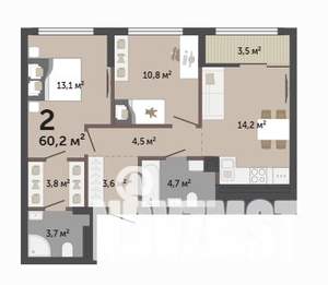 2-к квартира, строящийся дом, 60м2, 10/17 этаж