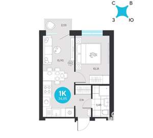 1-к квартира, строящийся дом, 35м2, 12/23 этаж