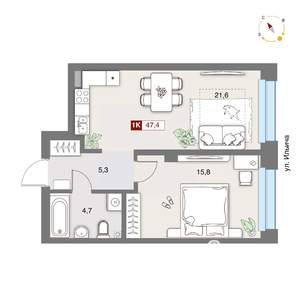 1-к квартира, вторичка, 47м2, 2/8 этаж