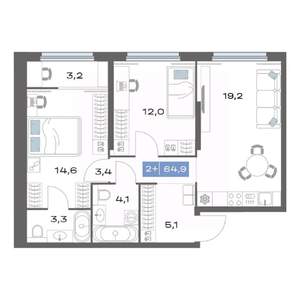 2-к квартира, строящийся дом, 65м2, 18/25 этаж