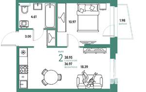 2-к квартира, строящийся дом, 39м2, 15/20 этаж